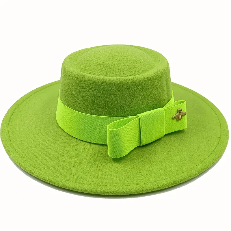 Red Showlu Fedora hat with a flat top, bumpy surface, bow tie, and elastic band, suitable for men and women.