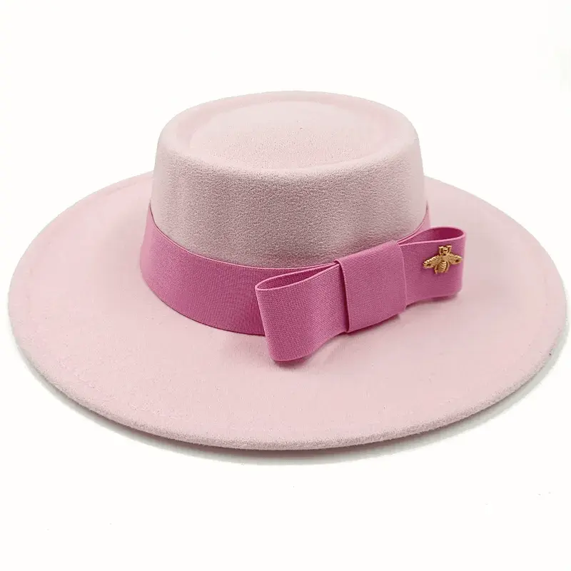 Red Showlu Fedora hat with a flat top, bumpy surface, bow tie, and elastic band, unisex cotton polyester jazz hat for winter style
