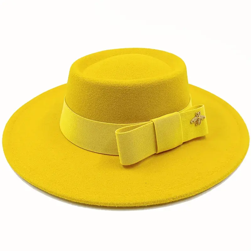 Red Showlu Fedora hat with a flat top, bumpy surface, bow tie, and elastic band, suitable for men and women.