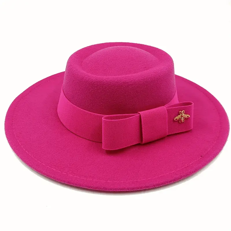 Red Showlu Fedora hat with a flat top, bow tie, elastic band, and bumpy surface, unisex cotton polyester jazz hat for men and women