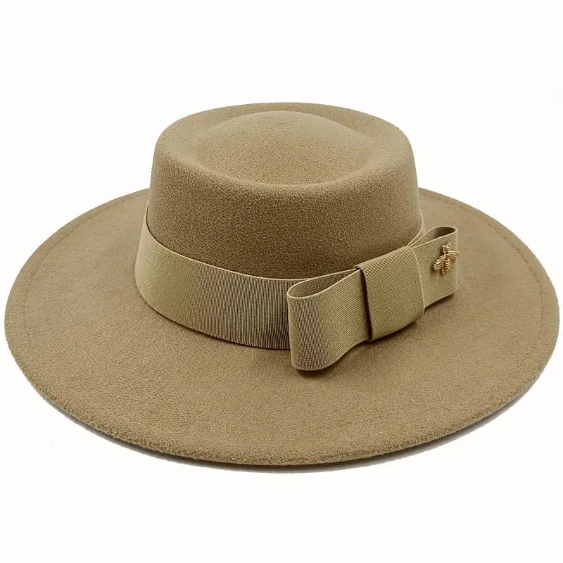 Red Showlu fedora hat with flat top, bumpy surface, bow tie, and elastic band, suitable for men and women.