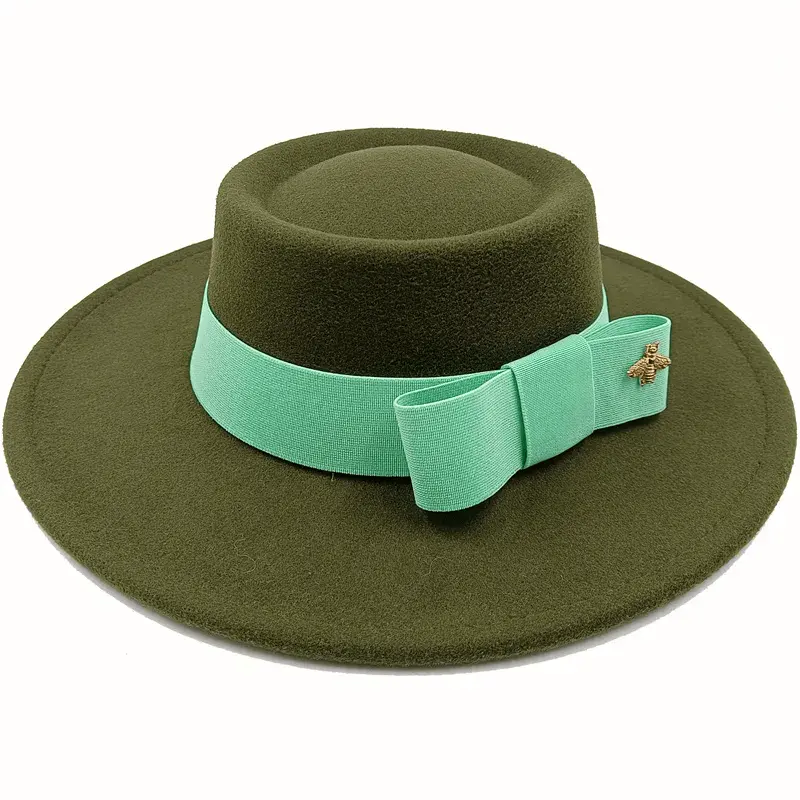 Red Showlu Fedora hat with flat top, bumpy surface, bow tie, elastic band, suitable for men and women, made of cotton polyester.