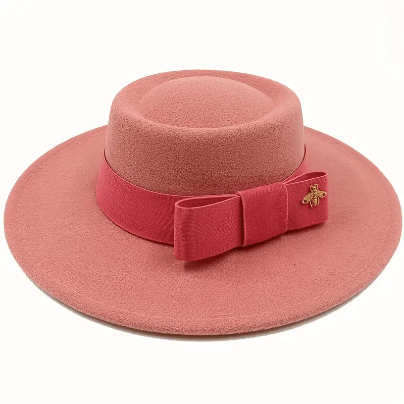 Red Showlu fedora hat with flat top, bumpy surface, bow tie, and elastic band, suitable for men and women.