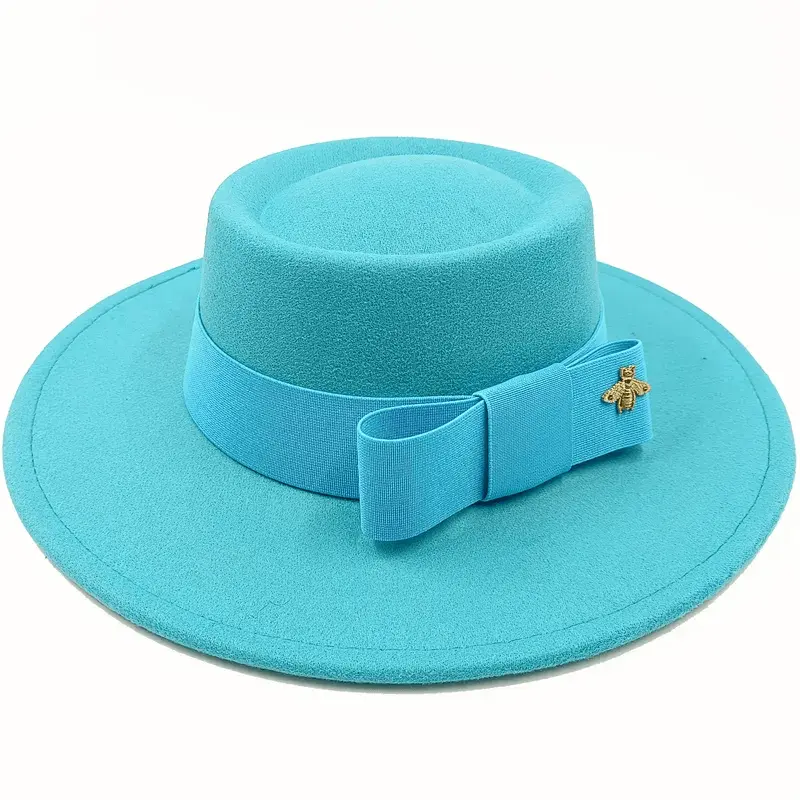 Red Showlu Fedora hat with a flat top, bumpy surface, bow tie, and elastic band, suitable for men and women.