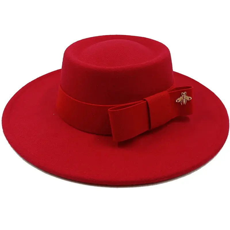 Red Showlu Fedora hat with flat top, bumpy surface, bow tie, elastic band, unisex cotton polyester jazz hat for men and women
