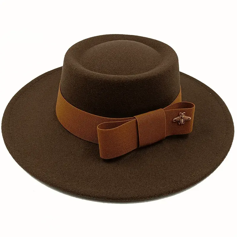 Red Showlu unisex fedora hat with flat top, bow tie, elastic band, and bumpy surface, suitable for men and women.