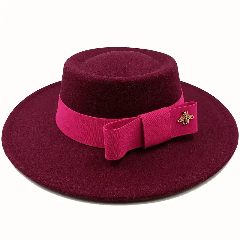 Red Showlu Fedora hat with flat top, bow tie, elastic band, round bumpy surface, suitable for men and women, cotton polyester.
