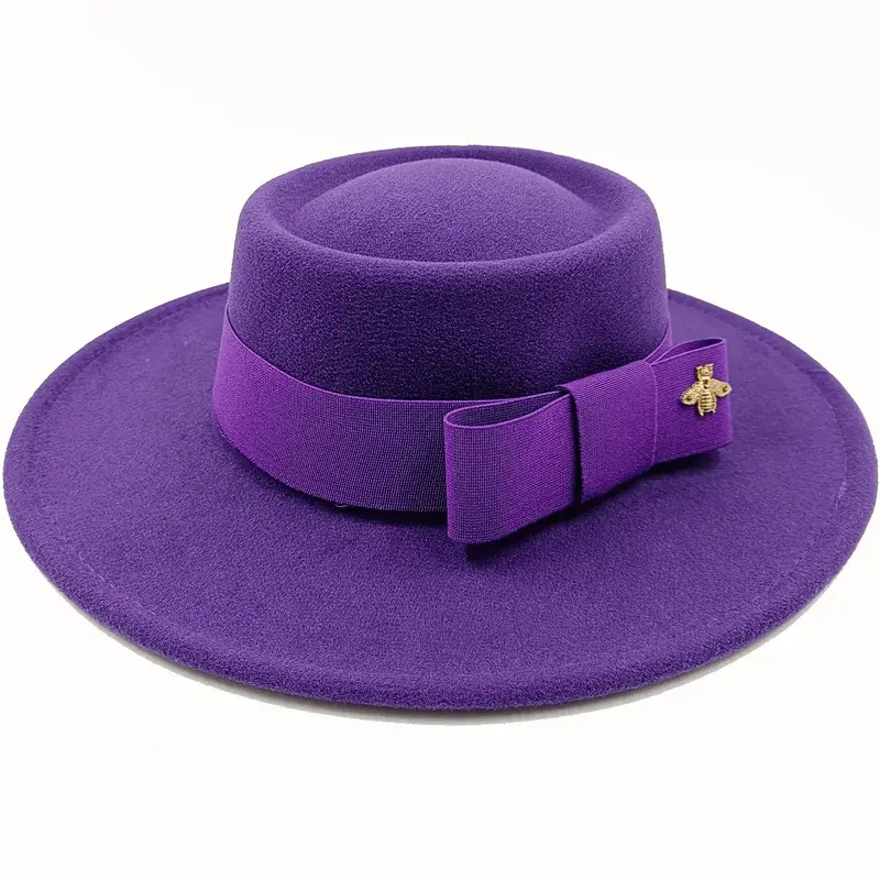 Red Showlu Fedora hat with flat top, bow tie, elastic band, unisex cotton polyester, round bumpy surface, winter jazz style.