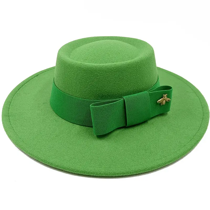 Red Showlu Fedora hat with flat top, bumpy surface, bow tie, elastic band, suitable for men and women, cotton polyester jazz style.
