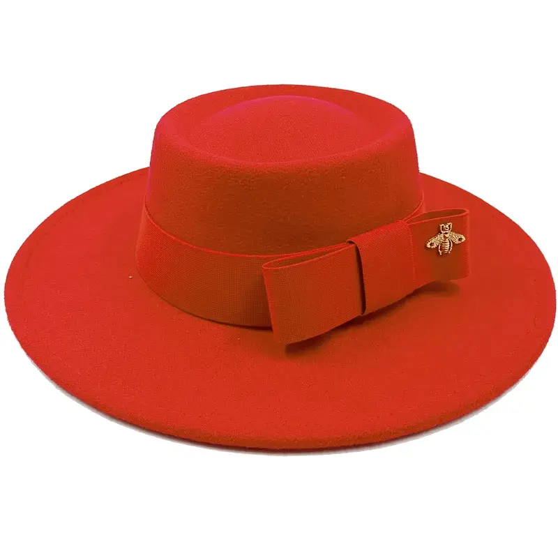 Red Showlu Fedora hat with flat top, bumpy surface, bow-tie elastic band, suitable for men and women, stylish unisex jazz hat