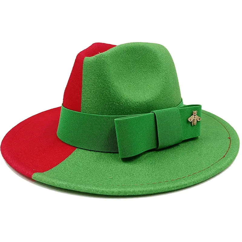 Red Showlu Fedora hat with a flat top, bow tie, and elastic band, made of cotton polyester, unisex jazz style for men and women.