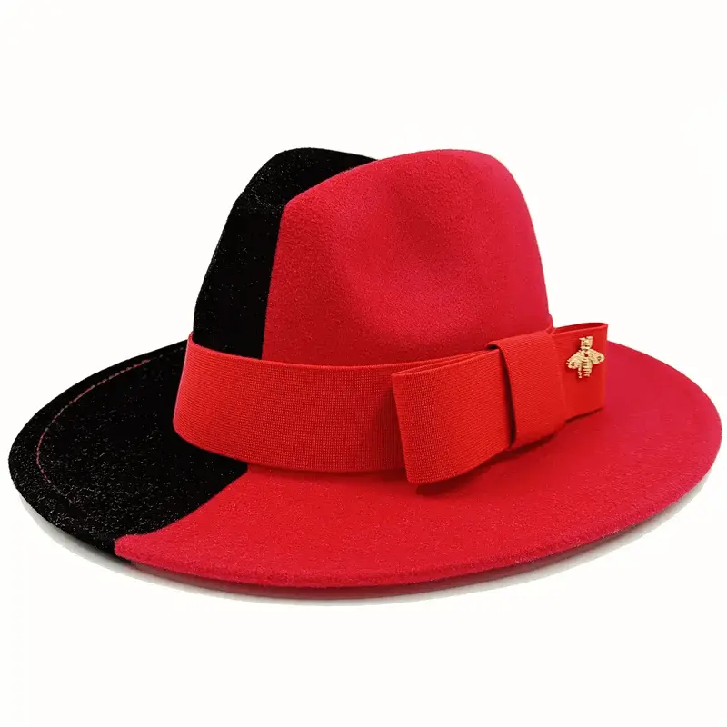Red Showlu Fedora hat with flat top, bumpy surface, bow tie, elastic band, suitable for men and women, cotton polyester material.
