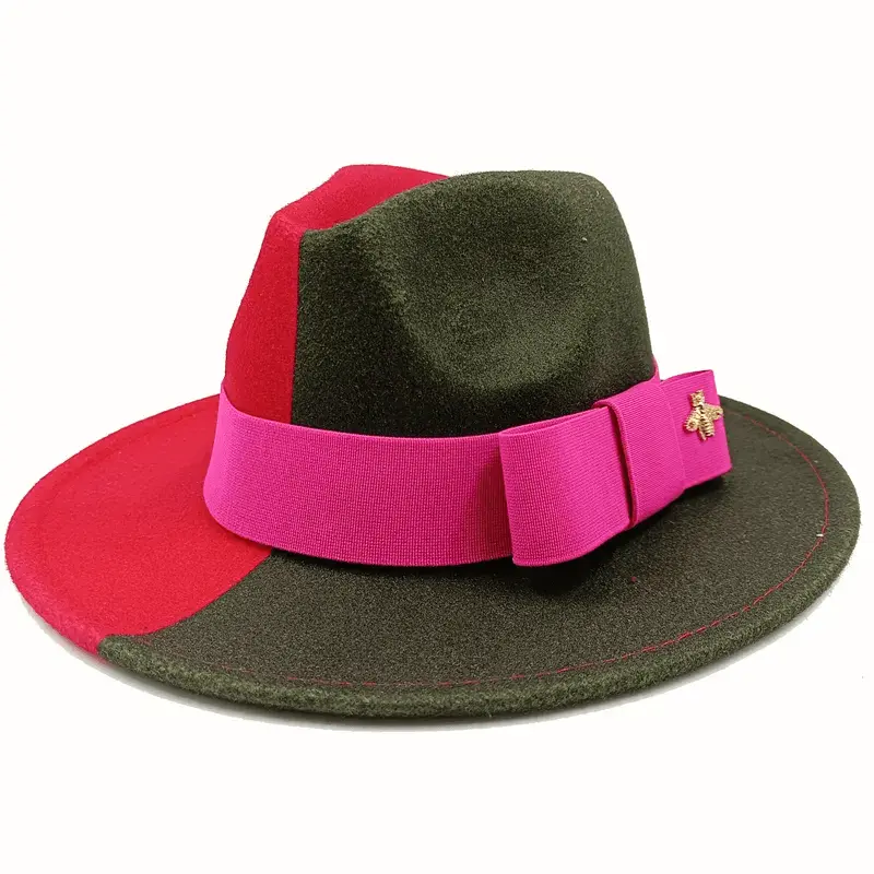 Red Showlu Fedora hat with flat top, elastic band, and bow tie detail, suitable for men and women, crafted from cotton polyester.