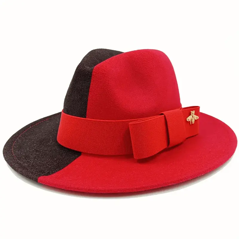 Red Showlu Fedora hat with flat top, bumpy surface, bow tie, and elastic band, suitable for men and women, made of cotton and polyester.