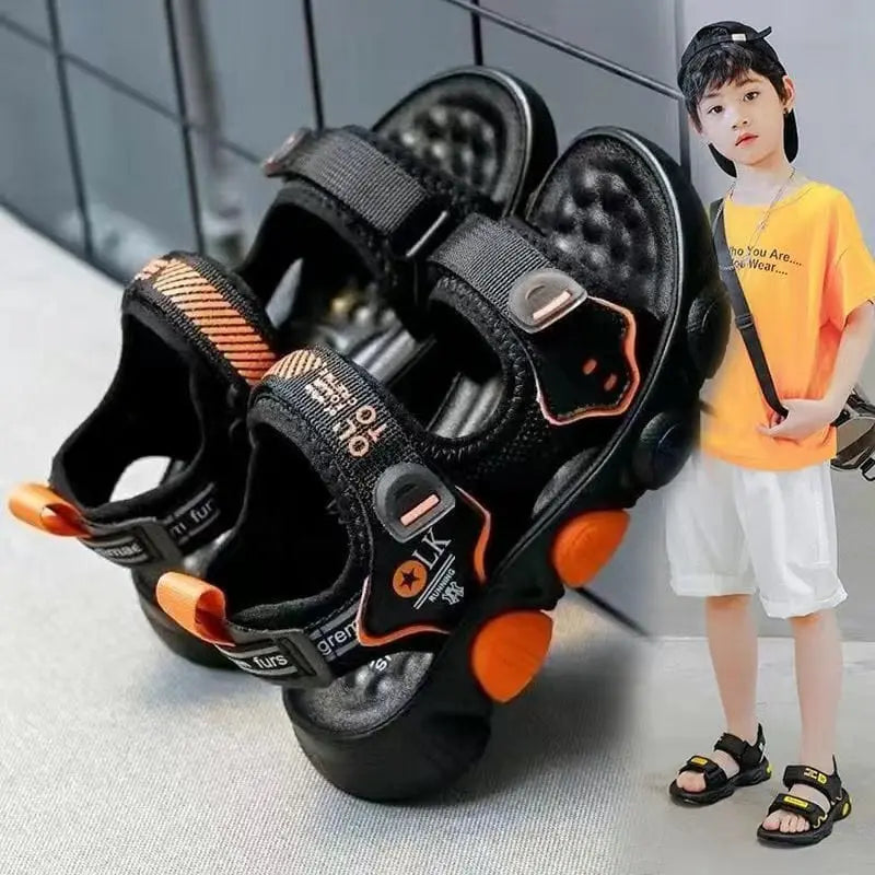 Boy wearing Showlu Fashion boys' beach sandals with anti-skid soles, perfect for summer sports and casual play.