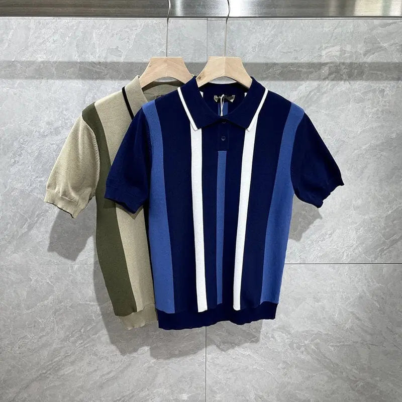 Showlu men's striped ice silk polo shirt with short sleeves, slim fit, breathable fabric, and retro summer style.