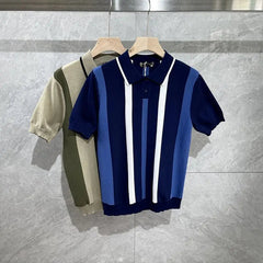 Showlu Fashion Store 50010402 British Summer New Fashion Striped Short-Sleeved Polo Shirt Men's Retro Contrast Color Ice Silk Breathable Half Sleeve Trendy Top