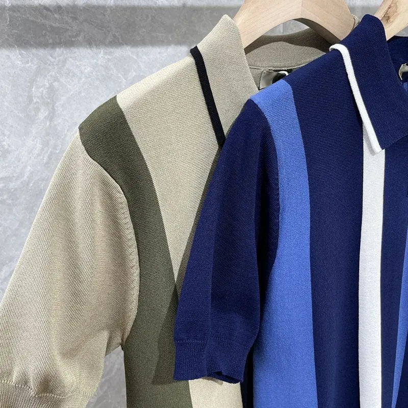 Showlu men's striped ice silk polo shirt with short sleeves, slim fit, breathable fabric, and retro summer style.
