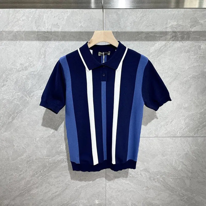 Showlu men's striped ice silk polo shirt with short sleeves, slim fit, breathable fabric, and retro summer style.