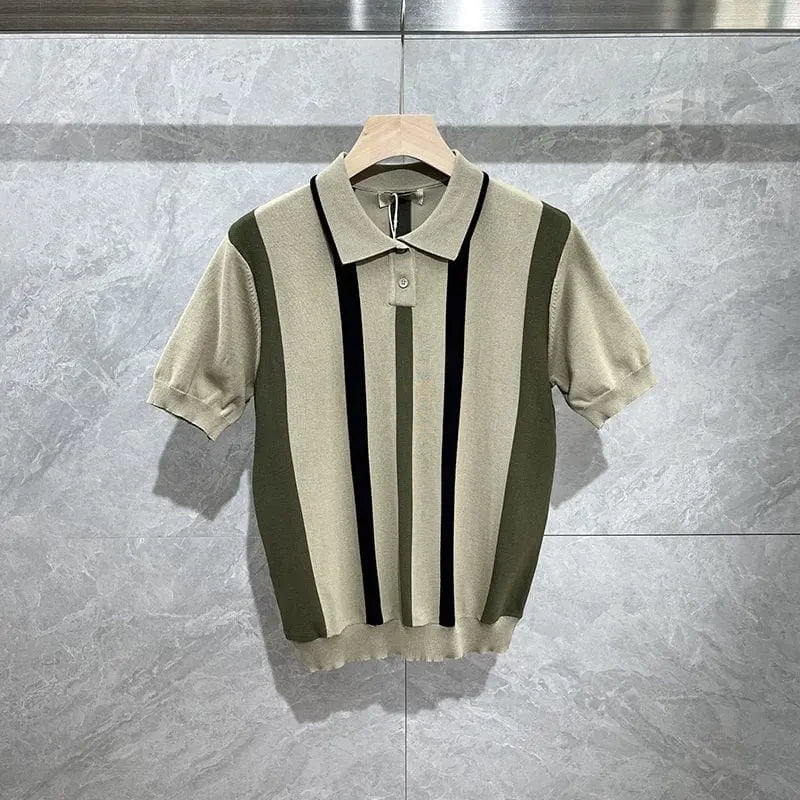 Showlu men's striped ice silk polo shirt with short sleeves, slim fit and retro summer style, featuring contrast colors and breathable fabric.