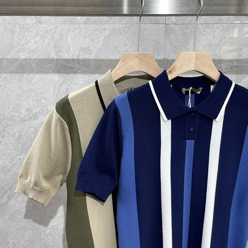 Showlu men's striped ice silk polo shirt with short sleeves, slim fit, breathable fabric, stylish retro summer top.