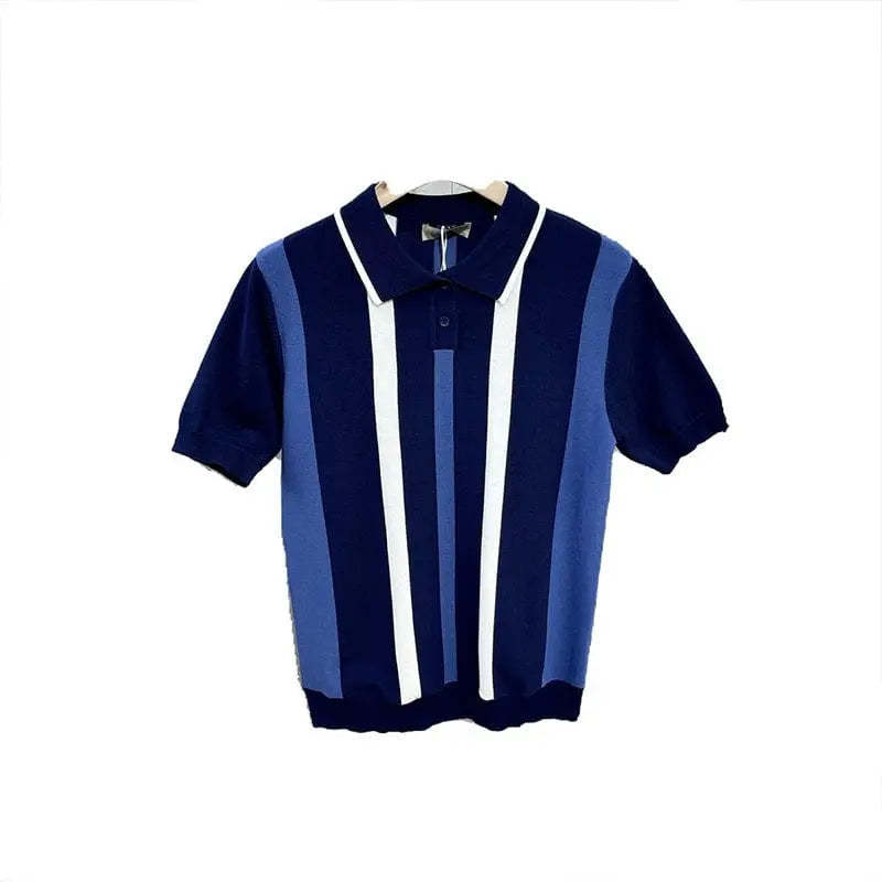 Showlu men's striped ice silk polo shirt with short sleeves, slim fit, breathable fabric, retro summer style.