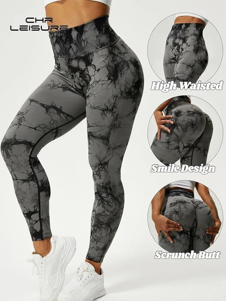 CHRLEISURE tie dye high waist seamless leggings by Showlu Fashion Store, featuring a stretchy, booty-lifting design for gym and casual wear.