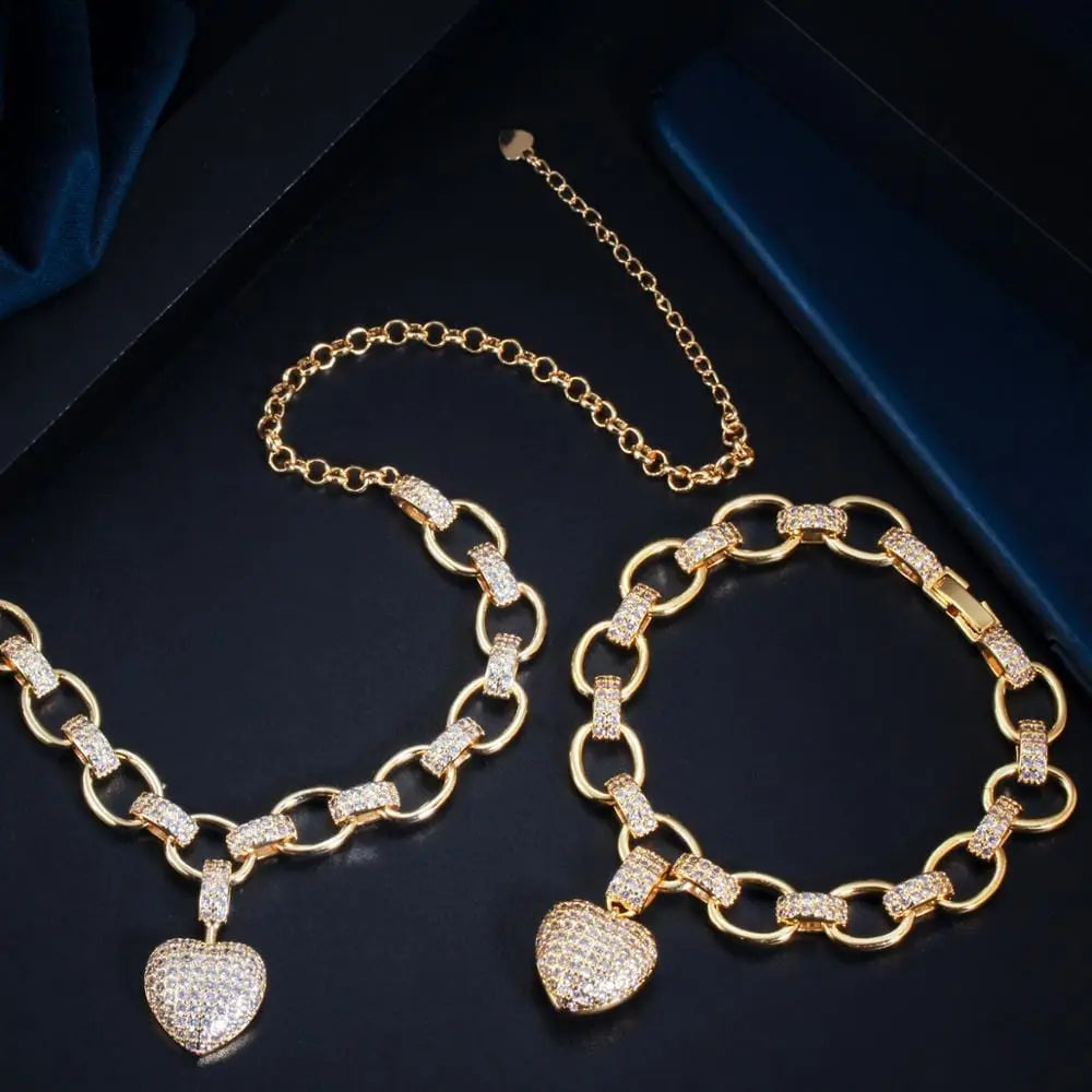 CWWZircons 585 gold heart pendant necklace and bracelet jewelry set with cubic zirconia love heart charms for women