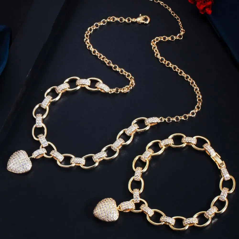 CWWZircons 585 gold heart pendant necklace and bracelet jewelry set with cubic zirconia love heart charms for women