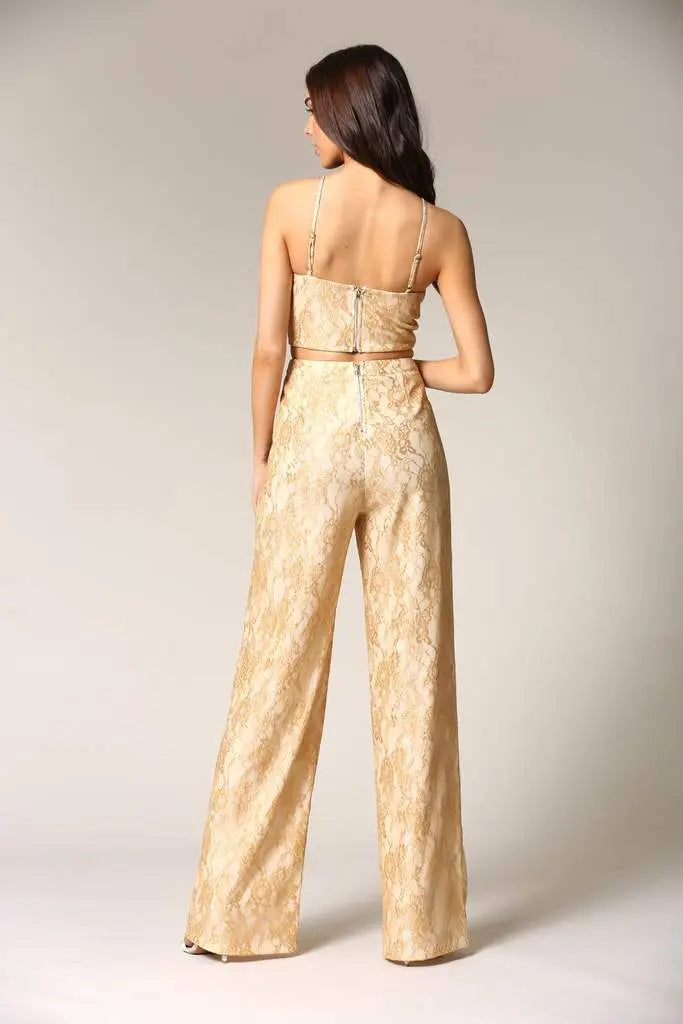 White Amphitryon Caeli gold lace two-piece set with high-waist pants, built-in underwire bra, elegant women's clothing.
