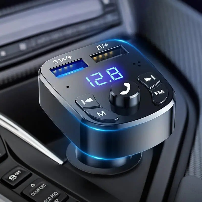 Anel Demosthene Bluetooth 5.0 FM transmitter with dual USB car charger and MP3 player for hands-free audio in vehicles.