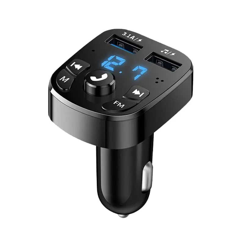 Anel Demosthene Bluetooth 5.0 FM transmitter with dual USB car charger, MP3 player, and hands-free calling for vehicle audio.