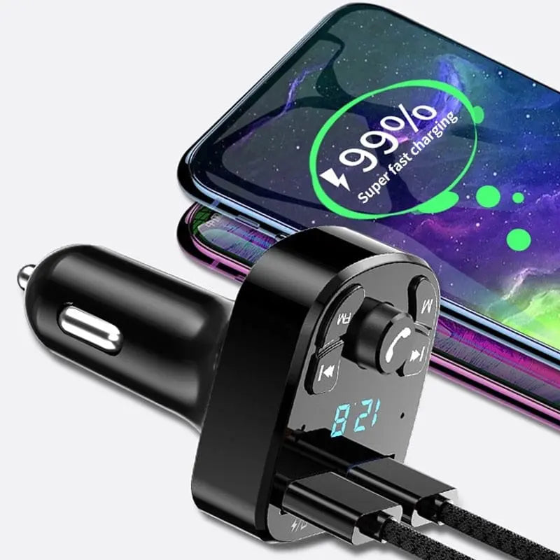 Anel Demosthene Bluetooth 5.0 FM transmitter with dual USB ports and car charger, designed for seamless in-car audio streaming.