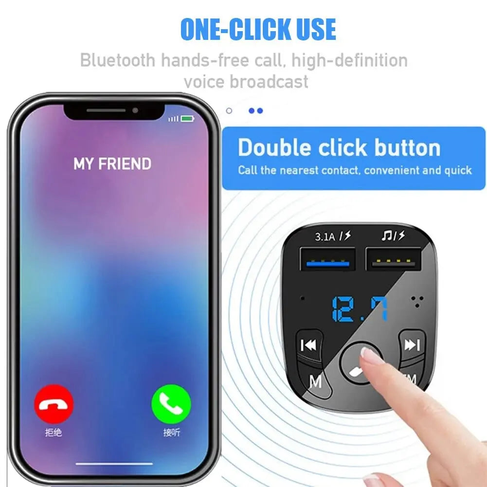 Anel Demosthene Bluetooth 5.0 FM transmitter with dual USB car charger and MP3 player for hands-free audio in vehicles.