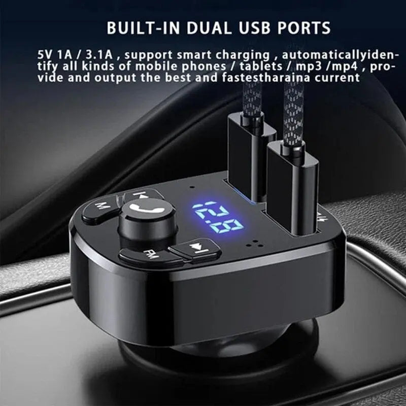 Anel Demosthene Bluetooth 5.0 FM transmitter with dual USB car charger and MP3 player for hands-free music in vehicles.