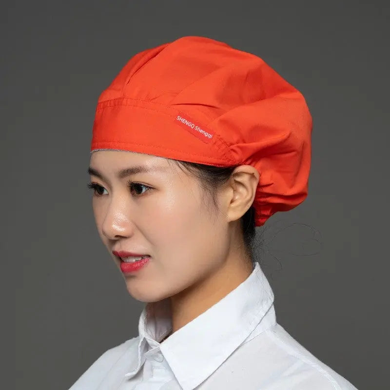 Breathable Shengqi chef cap for women, anti-smoke and hygiene cooking hat with dust protection and hair loss prevention.
