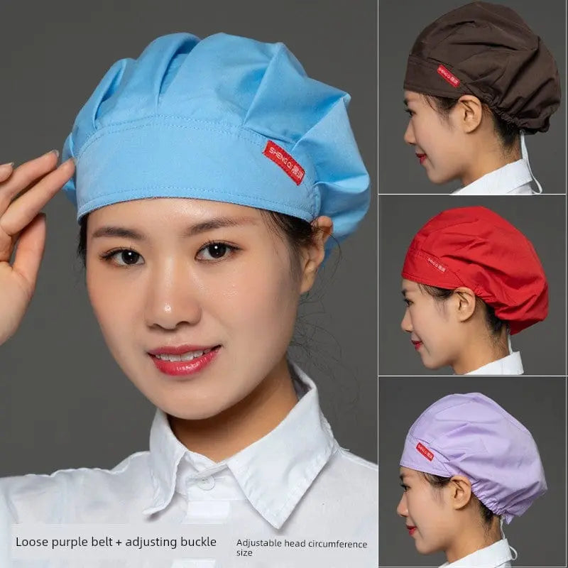 Breathable Shengqi chef cap for women, lightweight anti-smoke hygiene cooking hat with dust protection and hair loss prevention.