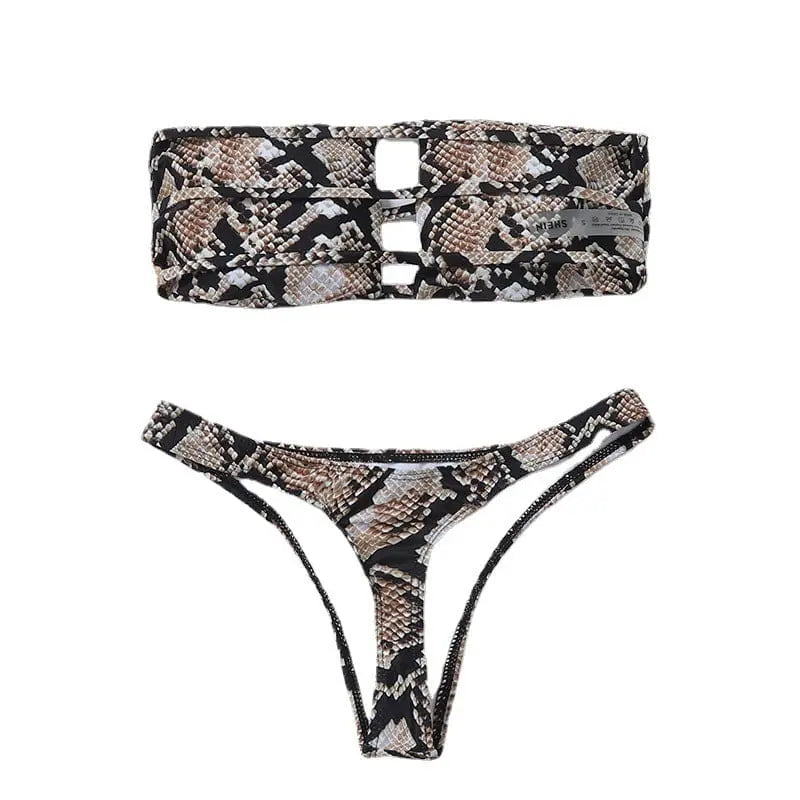 Showlu snake print bandeau bikini with push-up design, two-piece swimsuit featuring a stylish and sexy swimwear look.