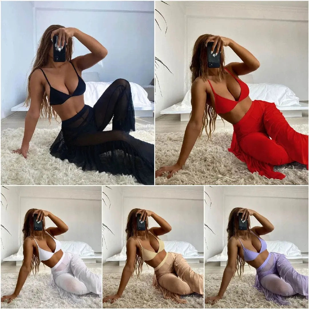 Showlu Fashion three-piece frill bikini set with matching see-through trousers, stylish swimwear for beach or poolside wear.
