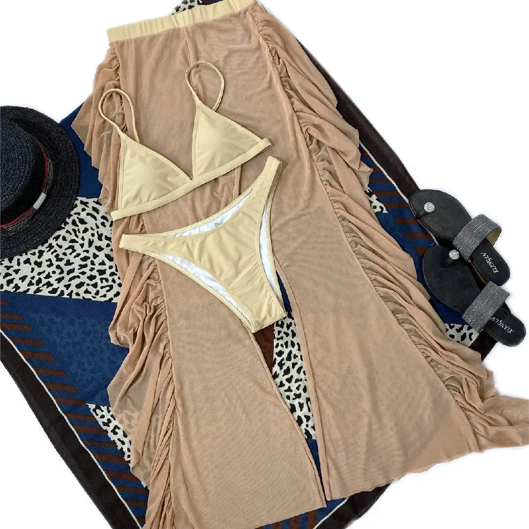 Showlu Fashion three-piece frill bikini set with see-through trousers, featuring stylish design and vibrant colors for beachwear.