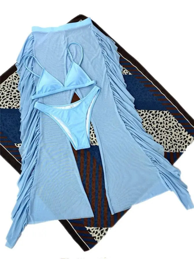 Showlu Fashion three-piece frill bikini set with see-through trousers, featuring a stylish and trendy swimwear design.