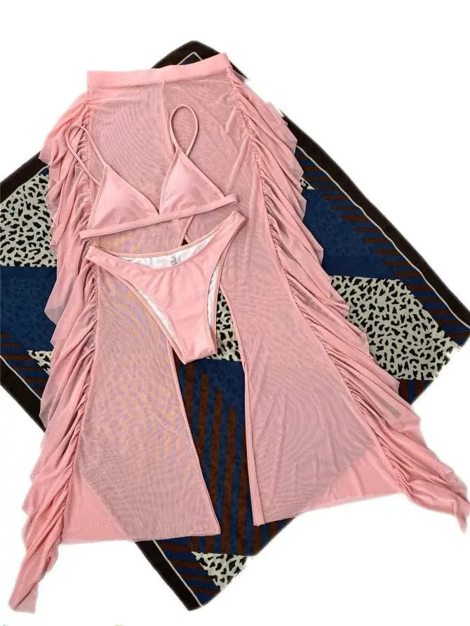Showlu Fashion three-piece frill bikini set with see-through trousers, stylish swimwear for beach or poolside wear.