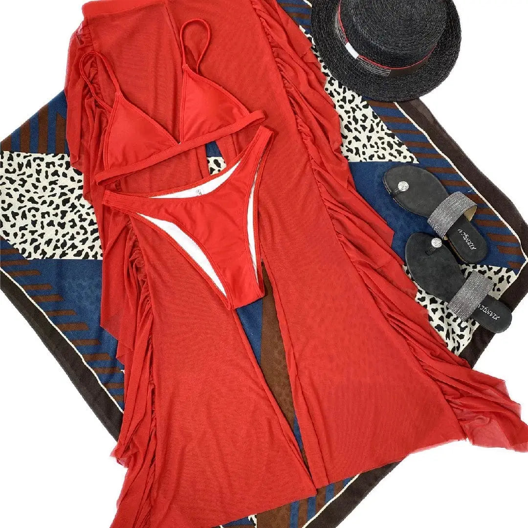 Showlu Fashion three-piece frill bikini set with see-through trousers, stylish swimwear for beach or pool occasions.