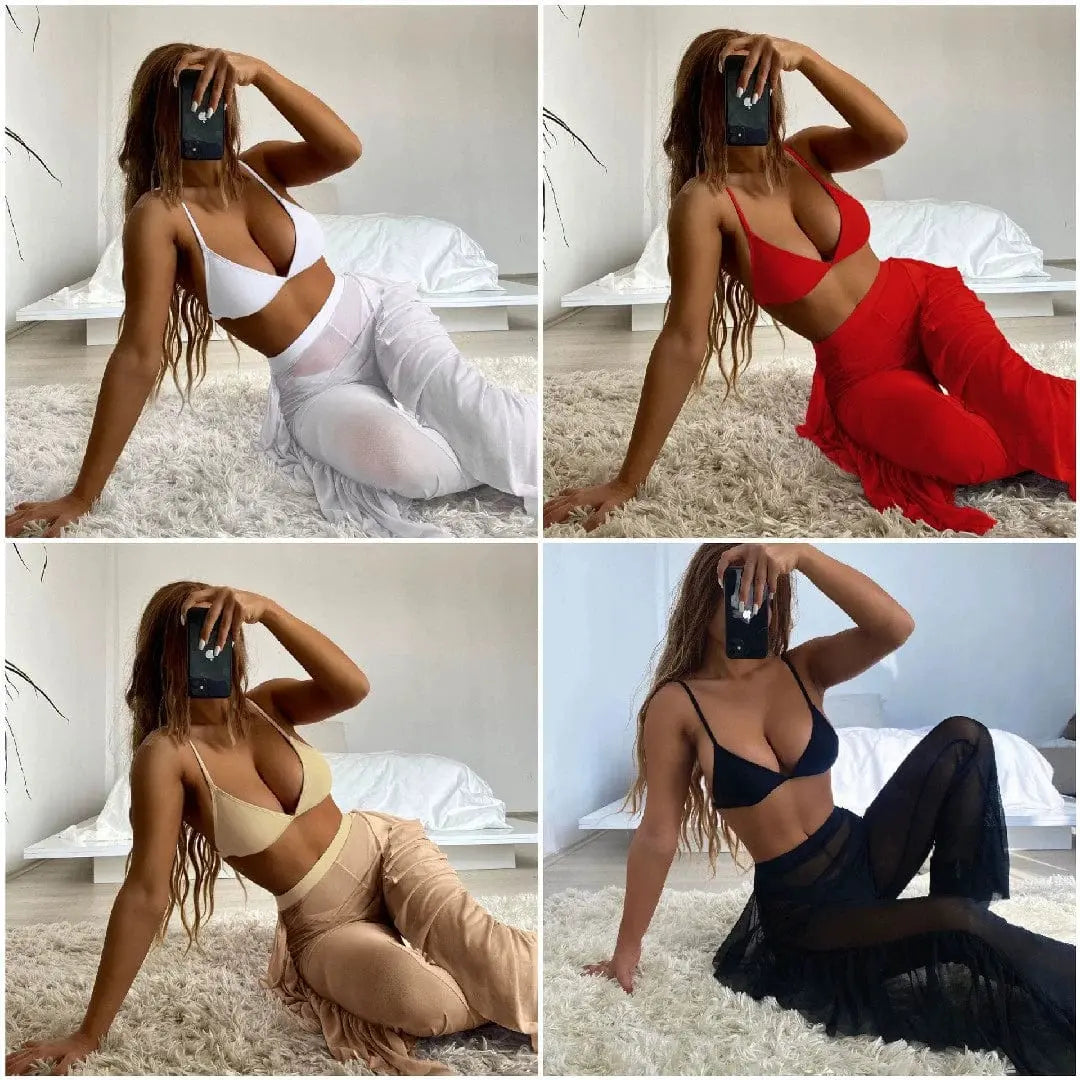 Showlu Fashion three-piece frill bikini set with see-through trousers, featuring stylish design and vibrant colors for beachwear.
