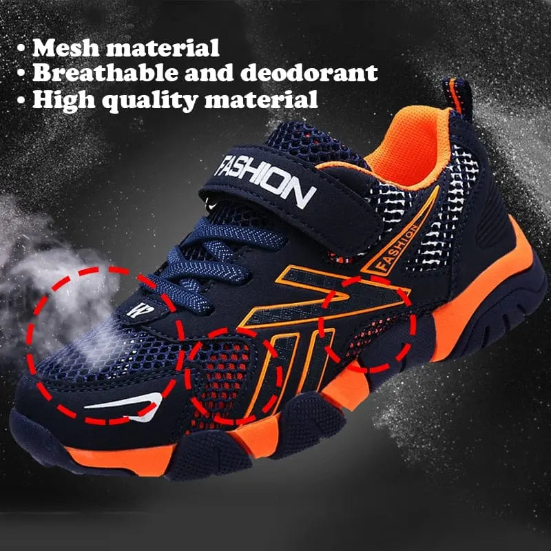 Showlu Fashion Boys mesh running shoes with breathable design, hook and loop closure, ideal for kids' sports and casual wear.