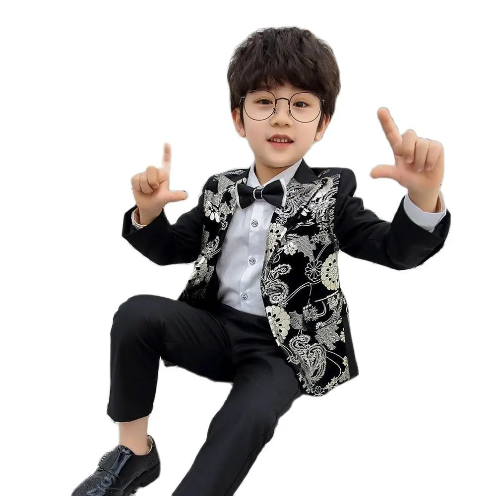 Showlu Boys 3-piece floral bronzing suit with formal jacket, pants, and bowtie, designed for kids' special occasions and events.