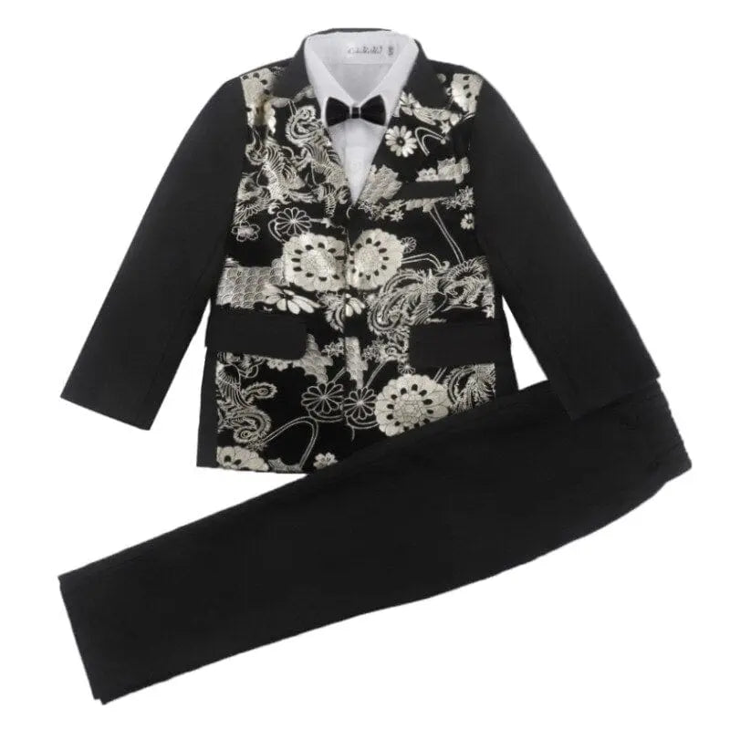 Showlu Boys 3-piece floral bronzing suit with formal jacket, pants, and bowtie, styled for boys' special occasions.