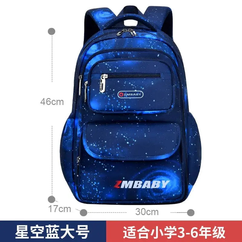 Children's waterproof Oxford school backpack for boys, orthopedic design, with multiple compartments and adjustable straps.