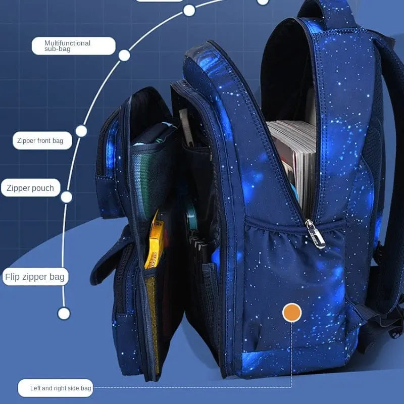 Children's boys' waterproof Oxford orthopedic school backpack with multiple compartments and adjustable straps, ideal for primary students.