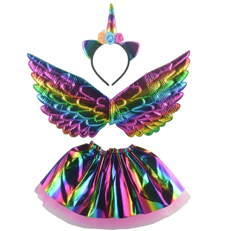 Children's girls' unicorn hairband, colorful fairy wings, and mesh dress set for performance or dress-up occasions.